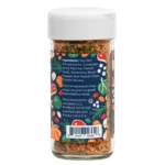 Back label of a colorful steak seasoning jar showing ingredients